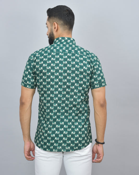Green Elephant Printed Cotton Half Shirt