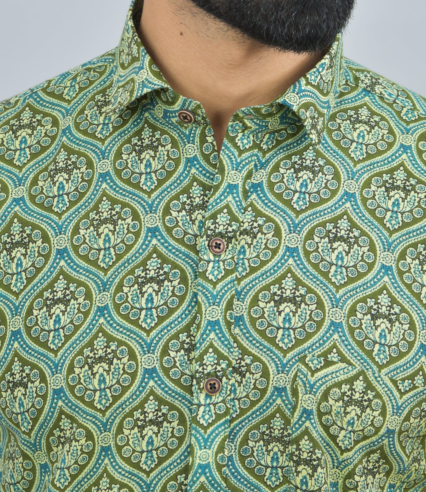 Army Green Floral Printed Cotton Half Shirt
