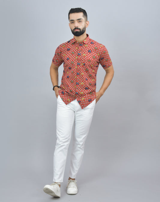 Temple Elephant on Red Printed Cotton Half Shirt