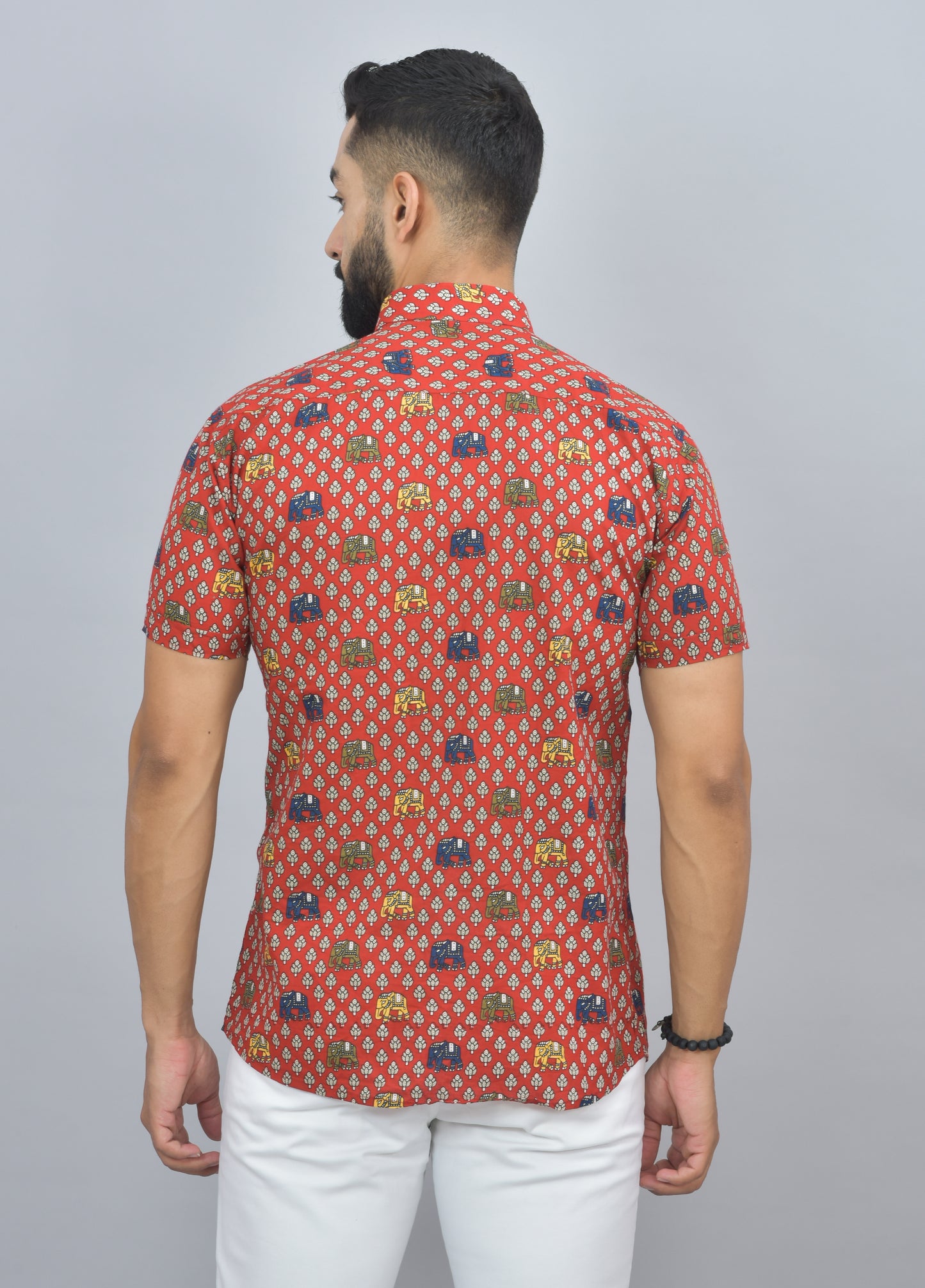 Temple Elephant on Red Printed Cotton Half Shirt