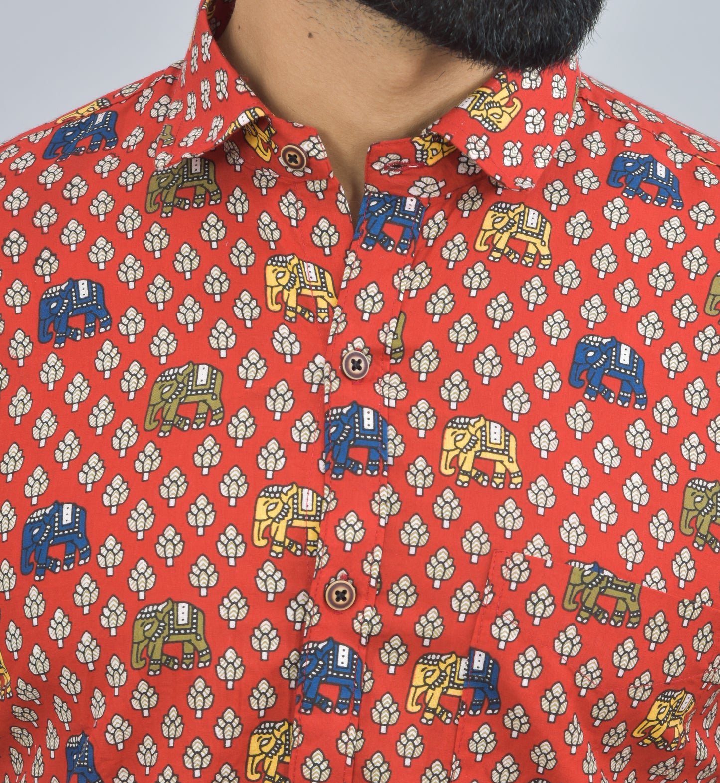 Temple Elephant on Red Printed Cotton Half Shirt