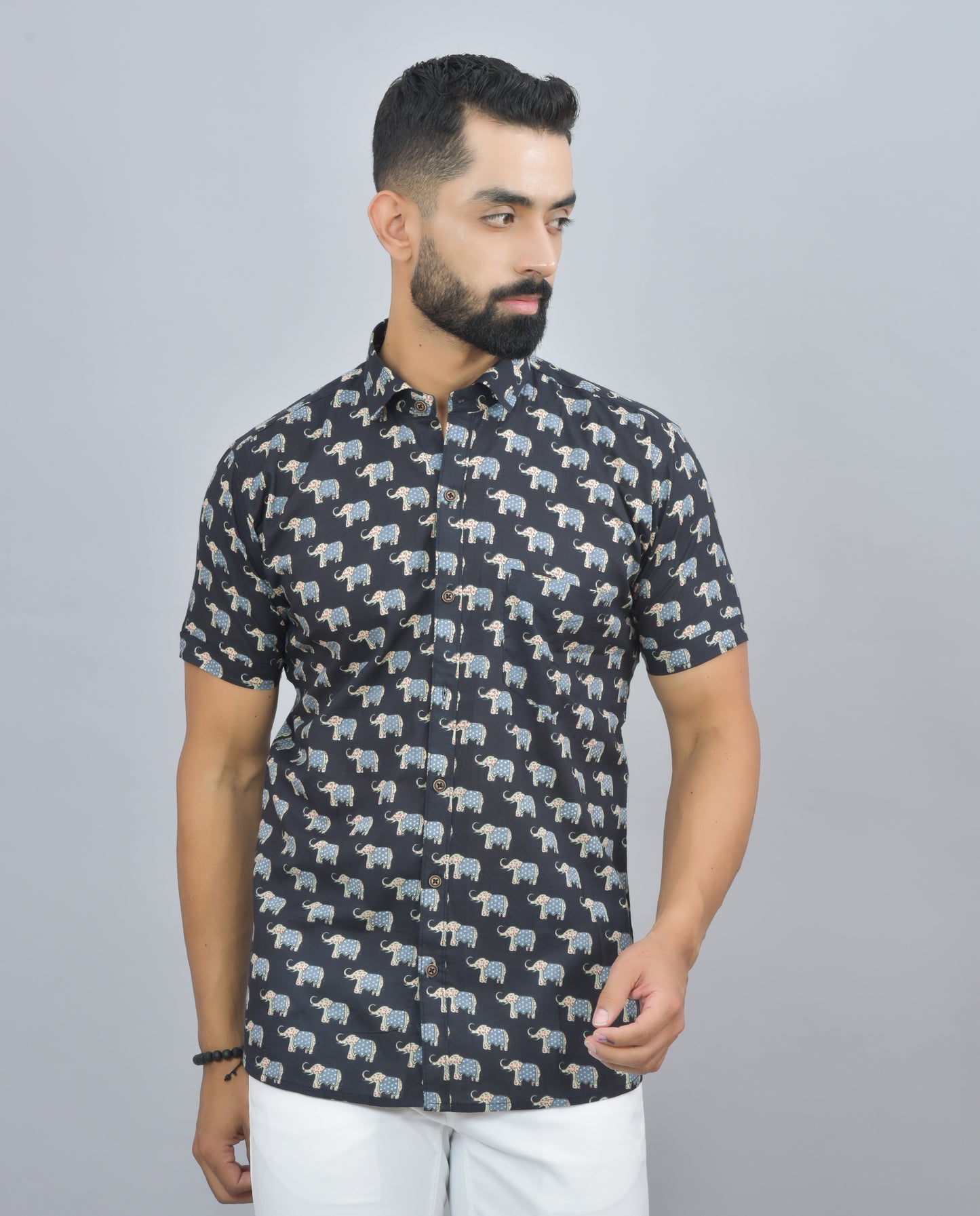 Navy Blue Elephant Printed Cotton Half Shirt