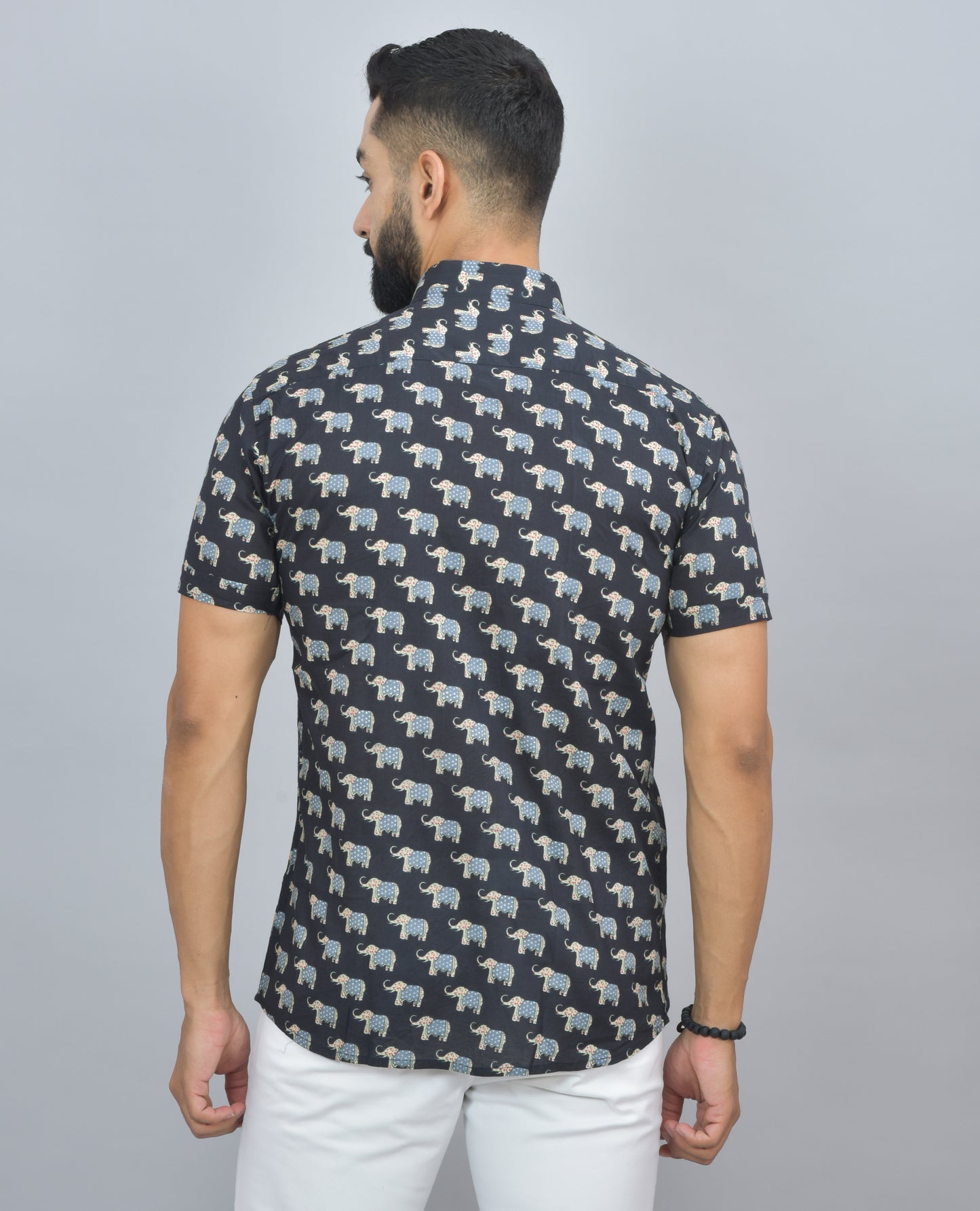 Navy Blue Elephant Printed Cotton Half Shirt