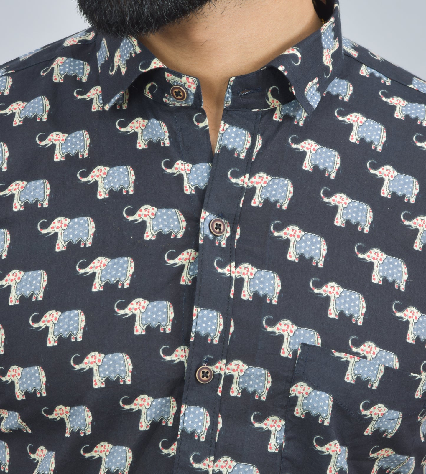 Navy Blue Elephant Printed Cotton Half Shirt