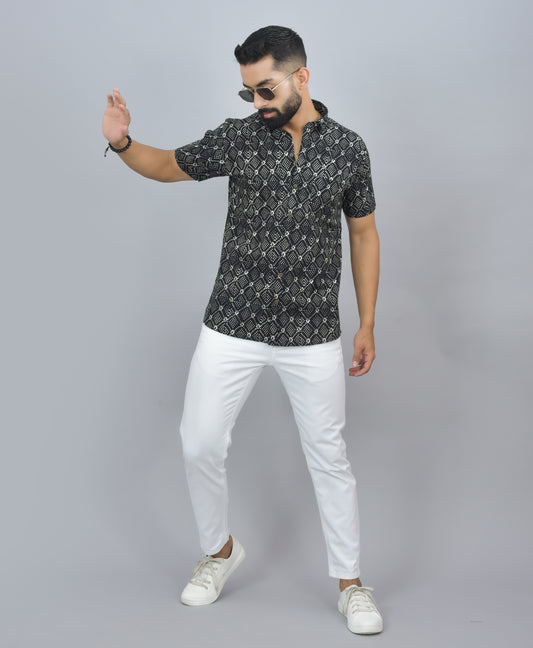 Black White Polka Dot Printed Cotton Half Shirt