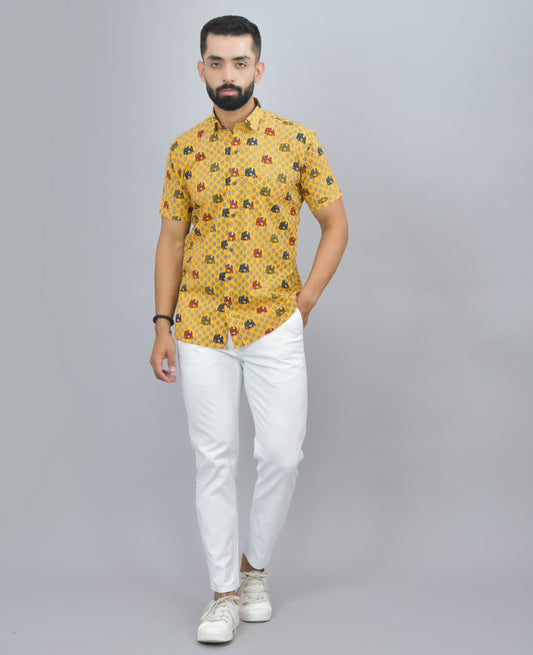 Temple Elephant on Yellow Cotton Printed Half Shirt