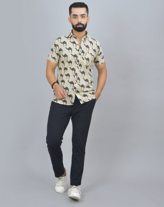 Habibi Camel Printed Cotton Half Shirt