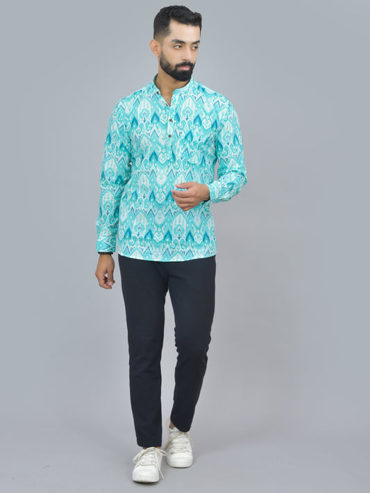 Turquoise Dye Printed Cotton Short Kurta