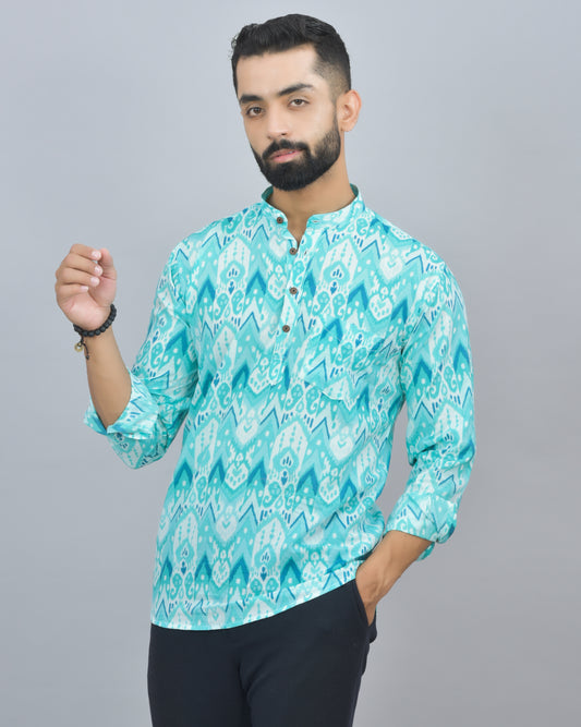 Turquoise Dye Printed Cotton Short Kurta