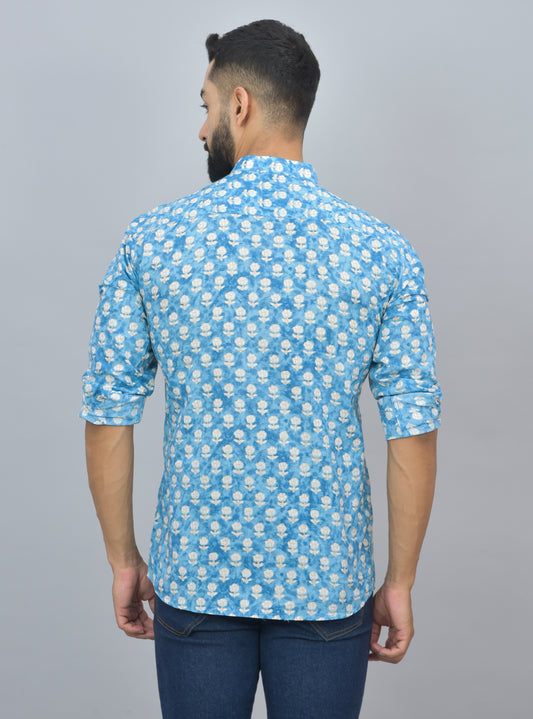 Ocean Blue Buti Printed Cotton Short Kurta