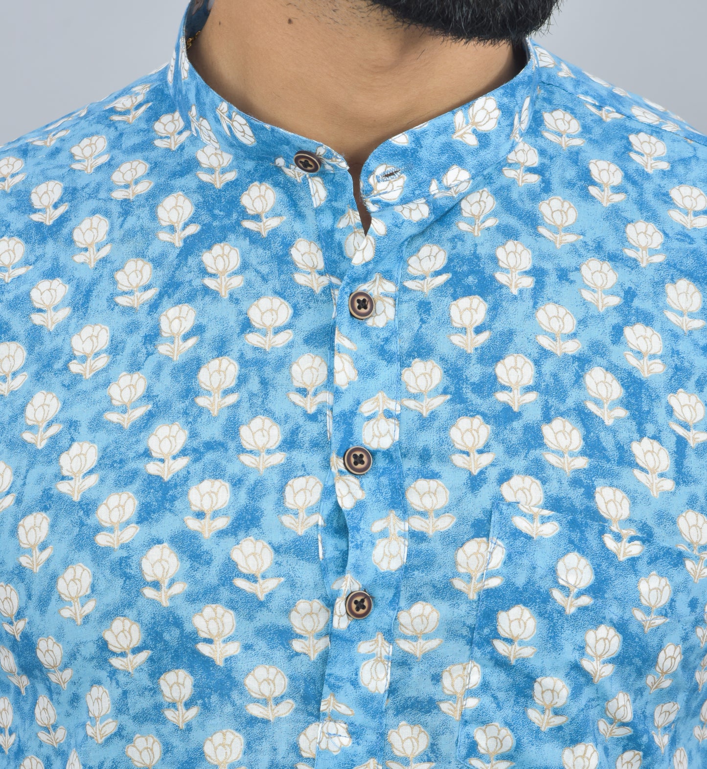 Ocean Blue Buti Printed Cotton Short Kurta