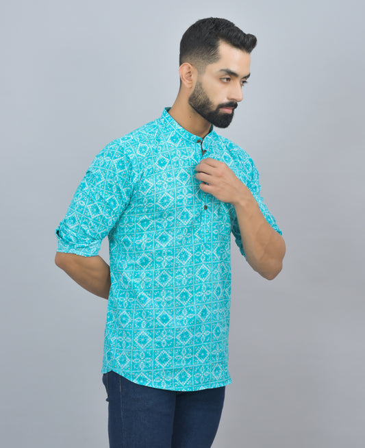 Turquoise Bandhini Printed Cotton Short Kurta