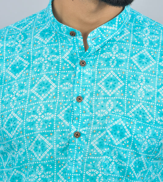 Turquoise Bandhini Printed Cotton Short Kurta