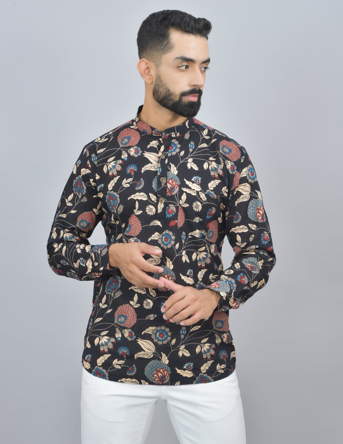 Floral Printed on Black Cotton Short Kurta