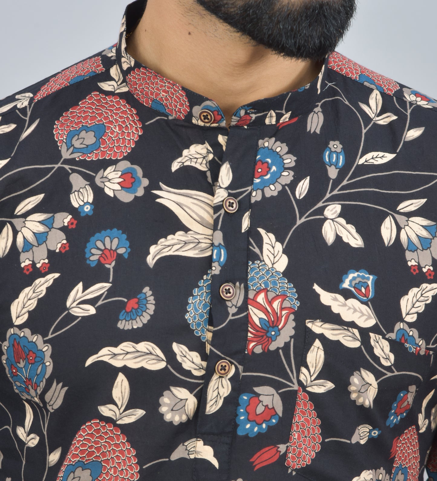 Floral Printed on Black Cotton Short Kurta