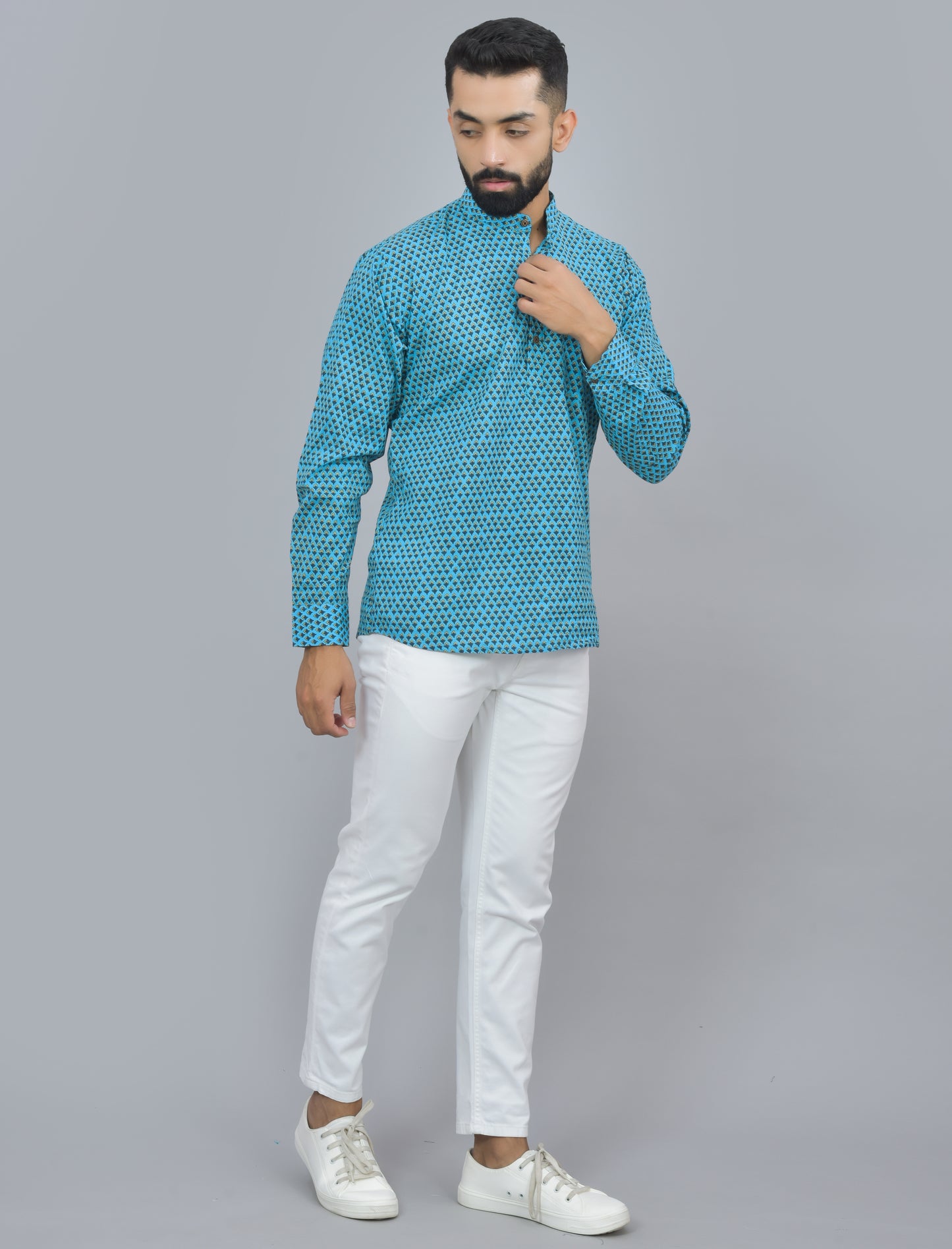 Baby Blue Buta Printed Cotton Short Kurta