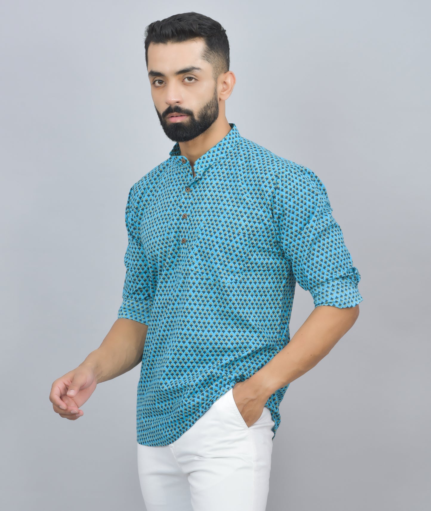 Baby Blue Buta Printed Cotton Short Kurta