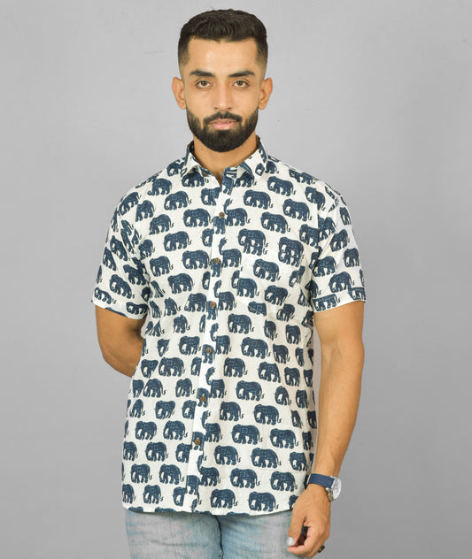 Dark Blue Elephant on White Printed Cotton Half Shirt