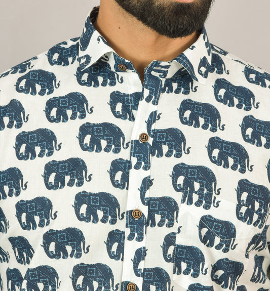 Dark Blue Elephant on White Printed Cotton Half Shirt