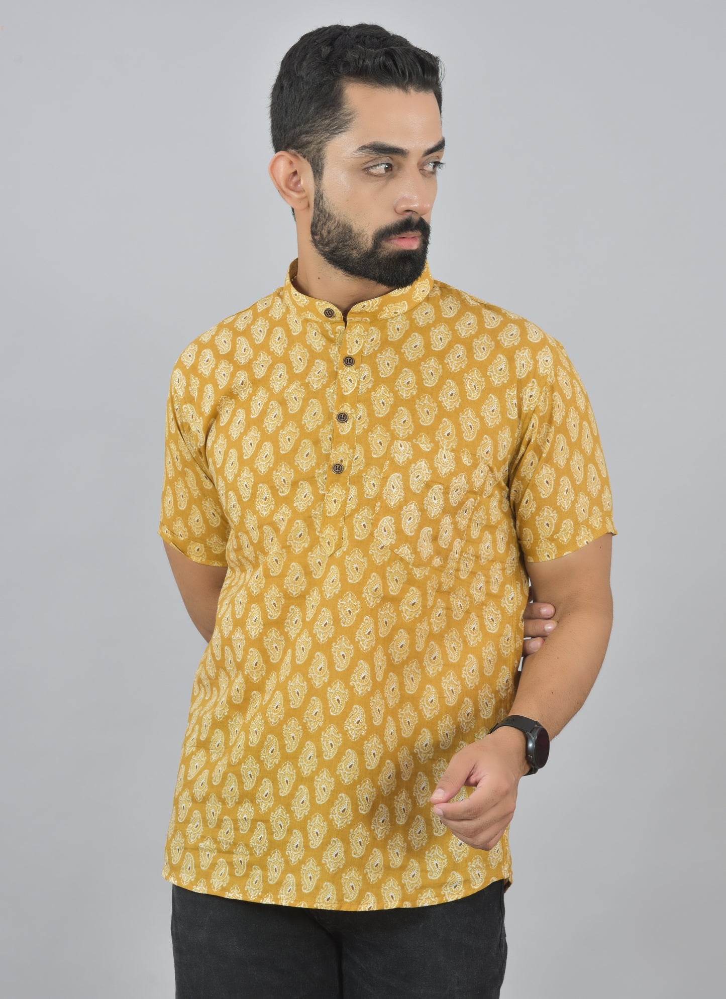 Mustard Paisley Half Short Kurta