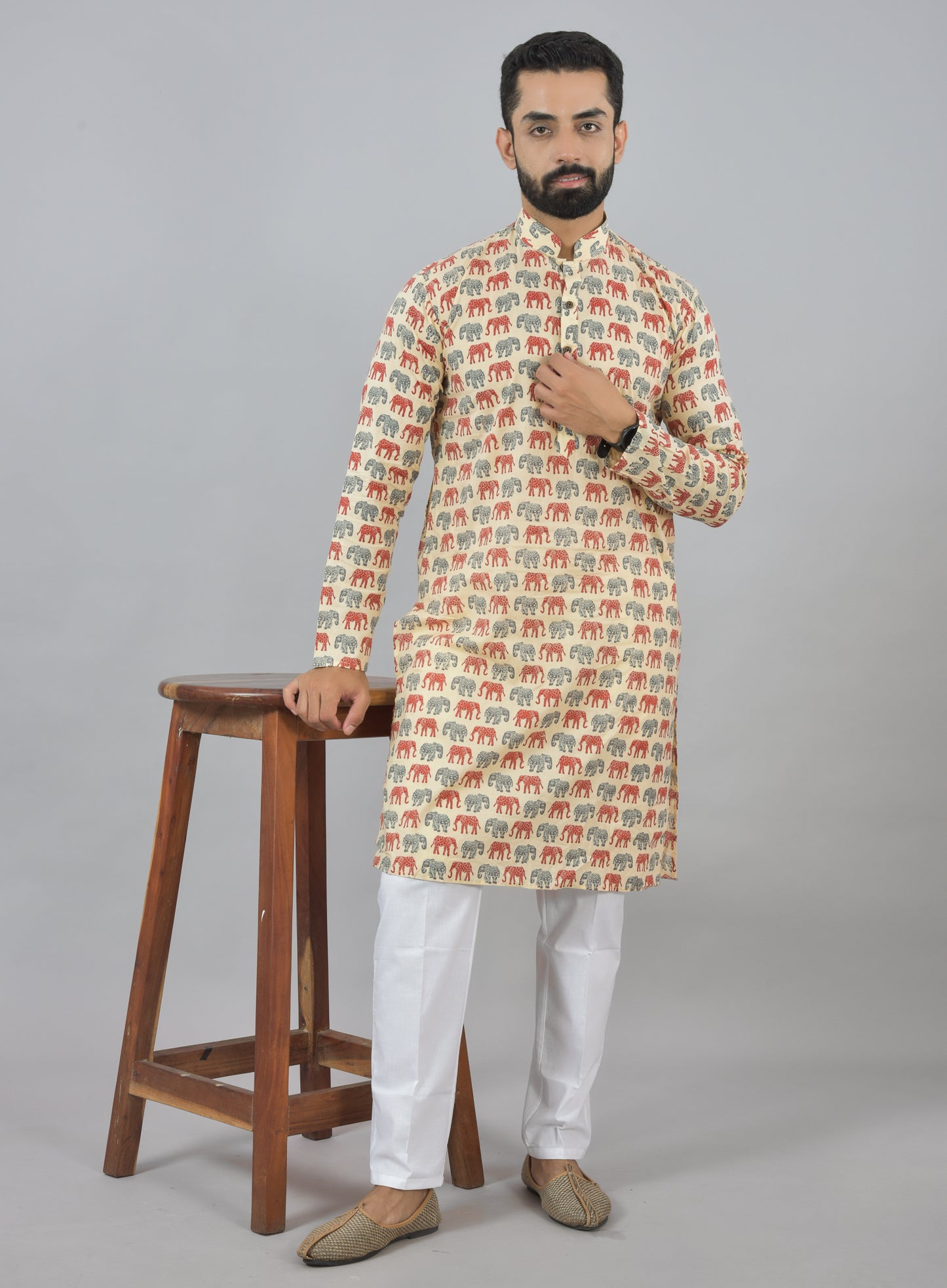 Red and Grey Elephant Parade Long Kurta