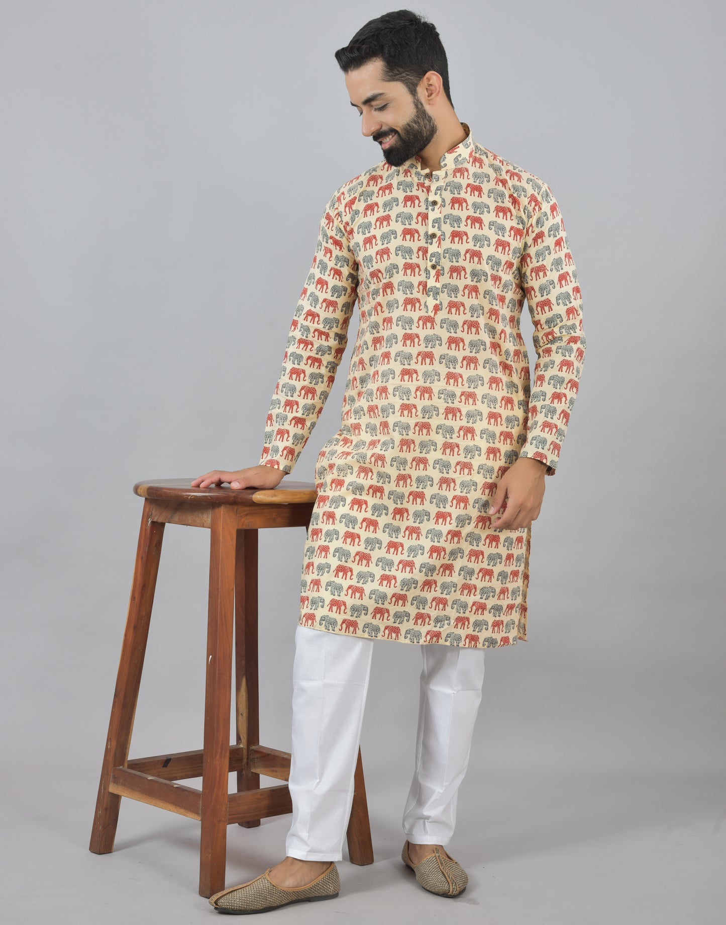 Red and Grey Elephant Parade Long Kurta