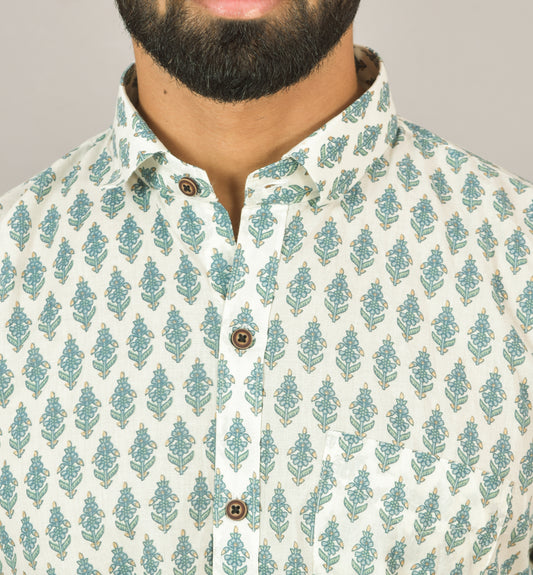 White Paisley Printed Cotton Half Shirt