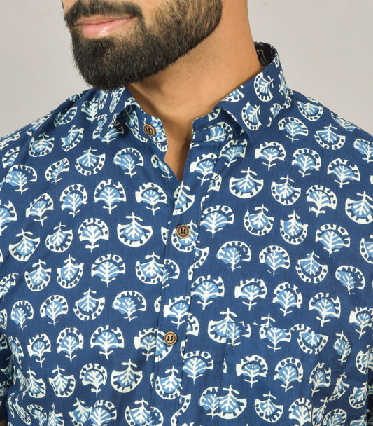 Dark-Blue Floral Printed Cotton Half Shirt