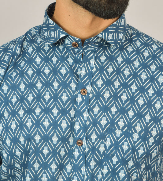 Blue Paisley Printed Cotton Half Shirt