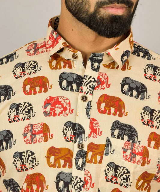Elephant Printed Cotton Half Shirt