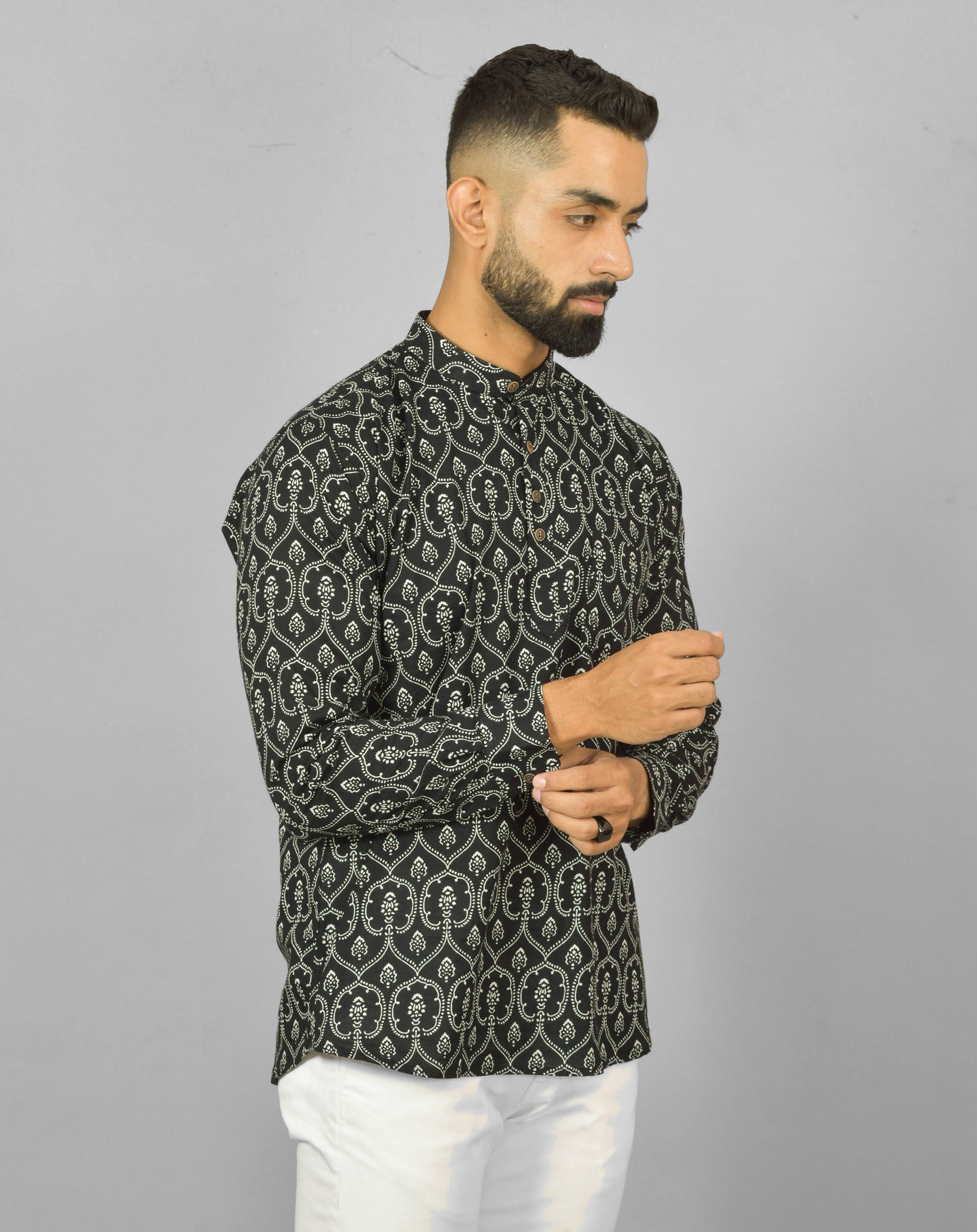 Black with White Printed Cotton Short Kurta