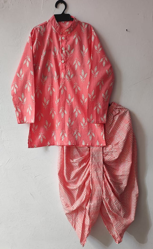 Pink Floral Butta Printed Mandarin Collar Kurta with Zig Zag Printed Dhoti Set