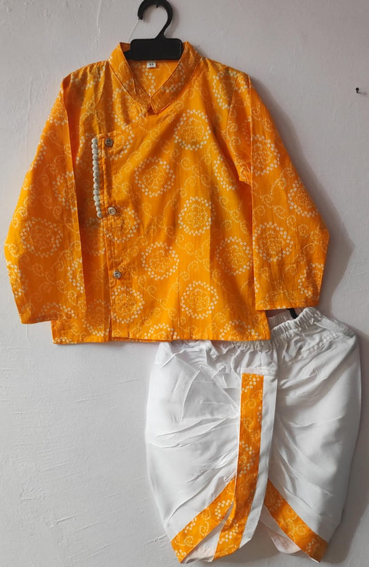 Orange Bandani Printed Cotton Kurta and White Dhoti Set