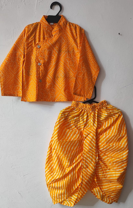 Orange Bandani Printed Cotton Kurta with Orange Leheriya Printed Dhoti Set