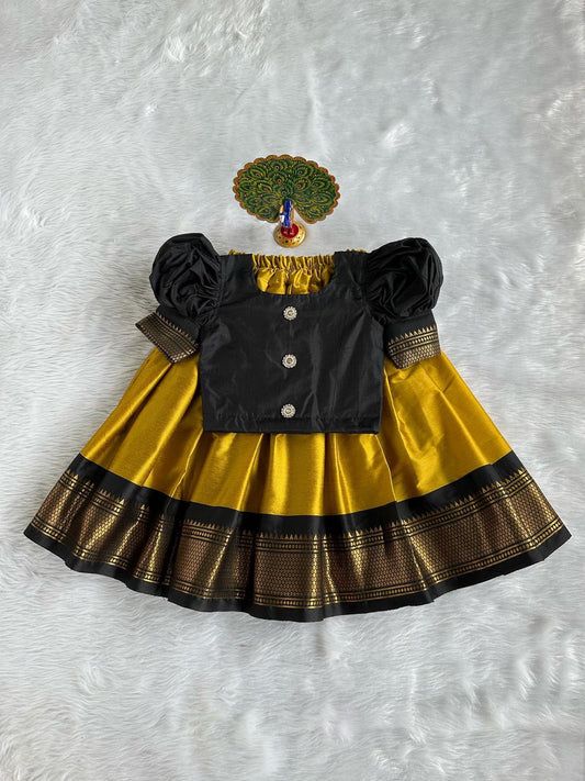 Black Cotton Silk Top with Puff and Yellow Paithani Silk Skirt