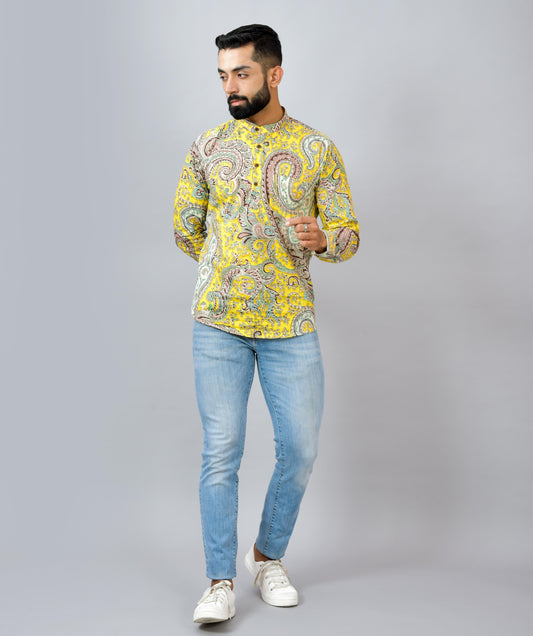 Floral Yellow Cotton Printed Short Kurta