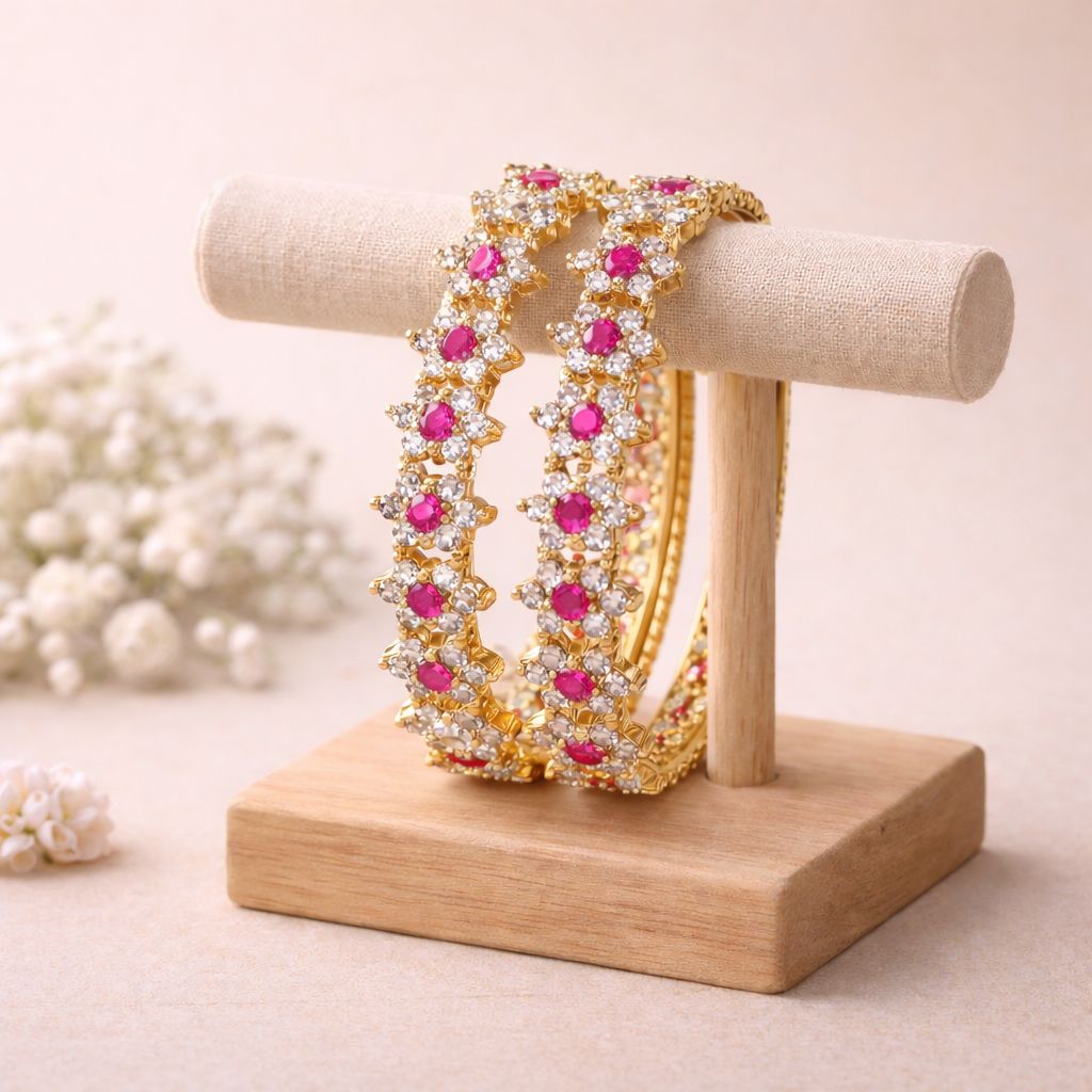 Kids Impon Pink Floral Stone Bangles