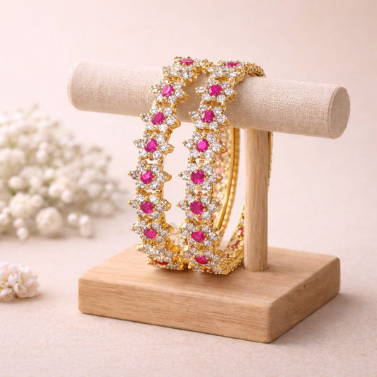 Kids Impon Pink Floral Stone Bangles