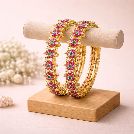 Kids Impon Floral Stone Bangles – Pink & Green
