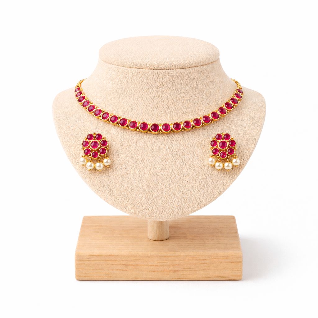 Classic Ruby Stone Choker Set with Pearl Drop Earrings