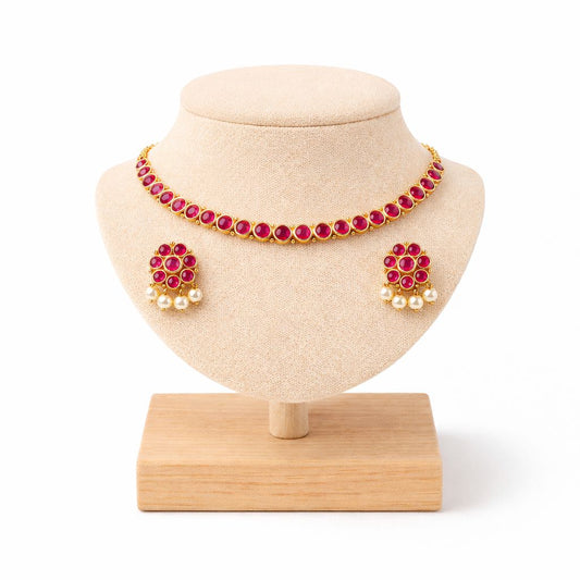 Classic Ruby Stone Choker Set with Pearl Drop Earrings