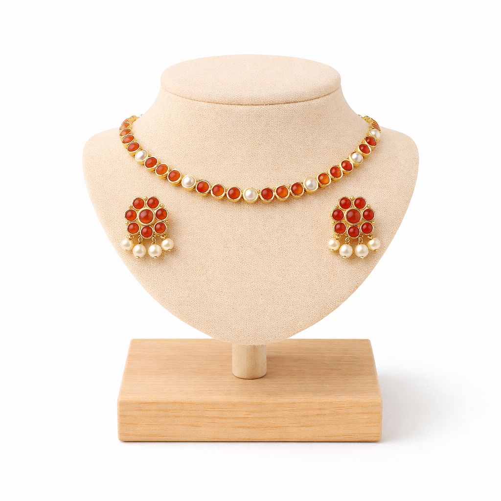 Coral Stone Choker Set with Pearl Drop Earrings