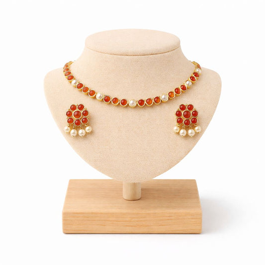 Coral Stone Choker Set with Pearl Drop Earrings