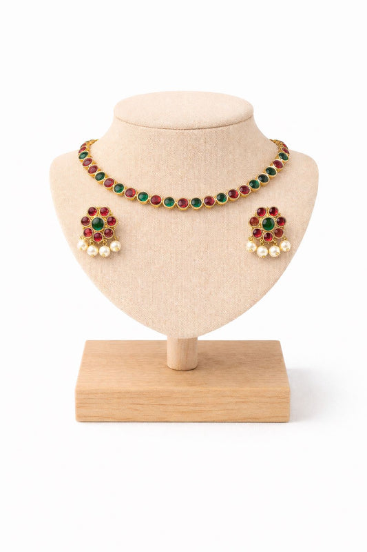 Ruby & Emerald Stone Choker Set with Pearl Drop Earrings