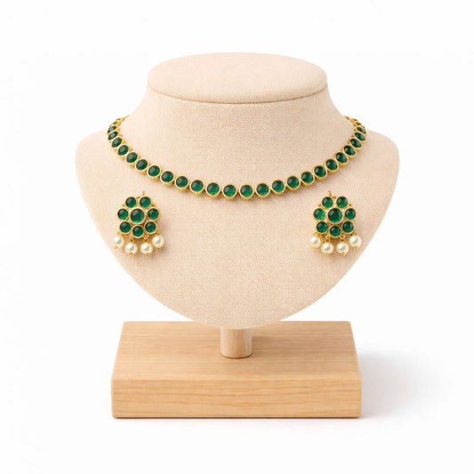 Emerald Stone Choker Set with Pearl Drop Earrings