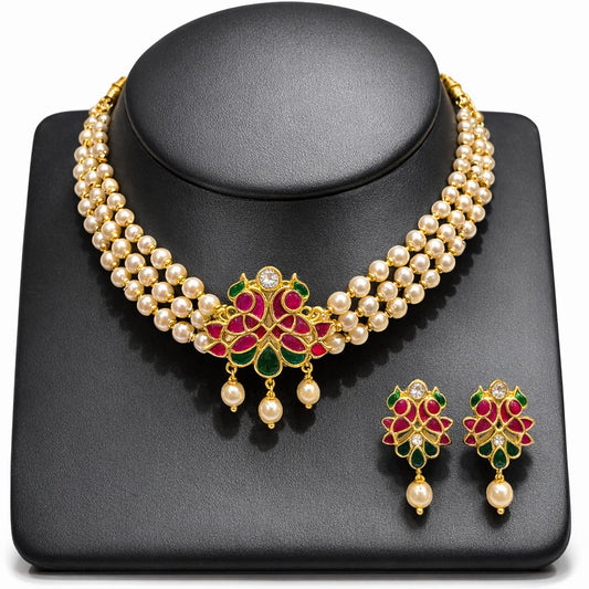 Triple Strand Pearl Choker with Ruby Emerald Pendant