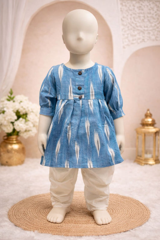 Sky Blue Ikat Kurti with Cream Dhoti