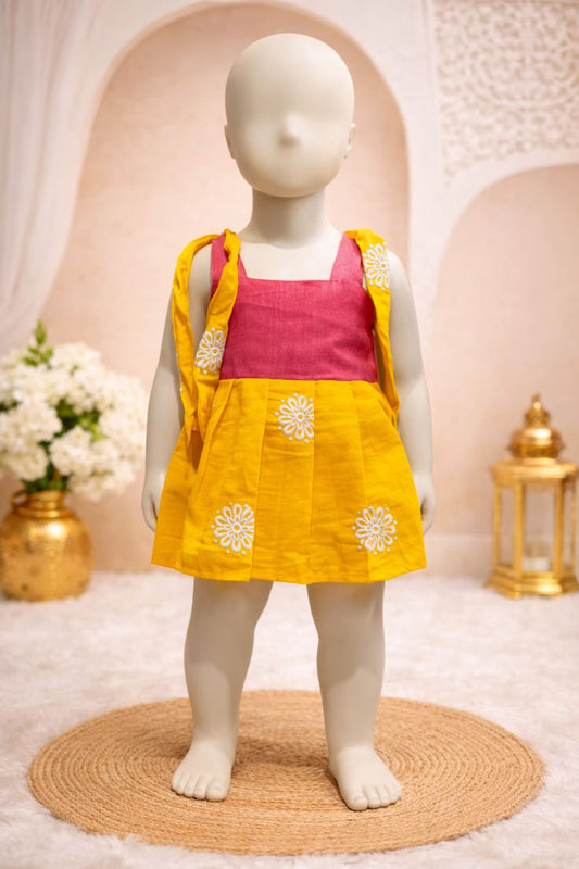 Pink and Yellow Floral Embroidery Frock