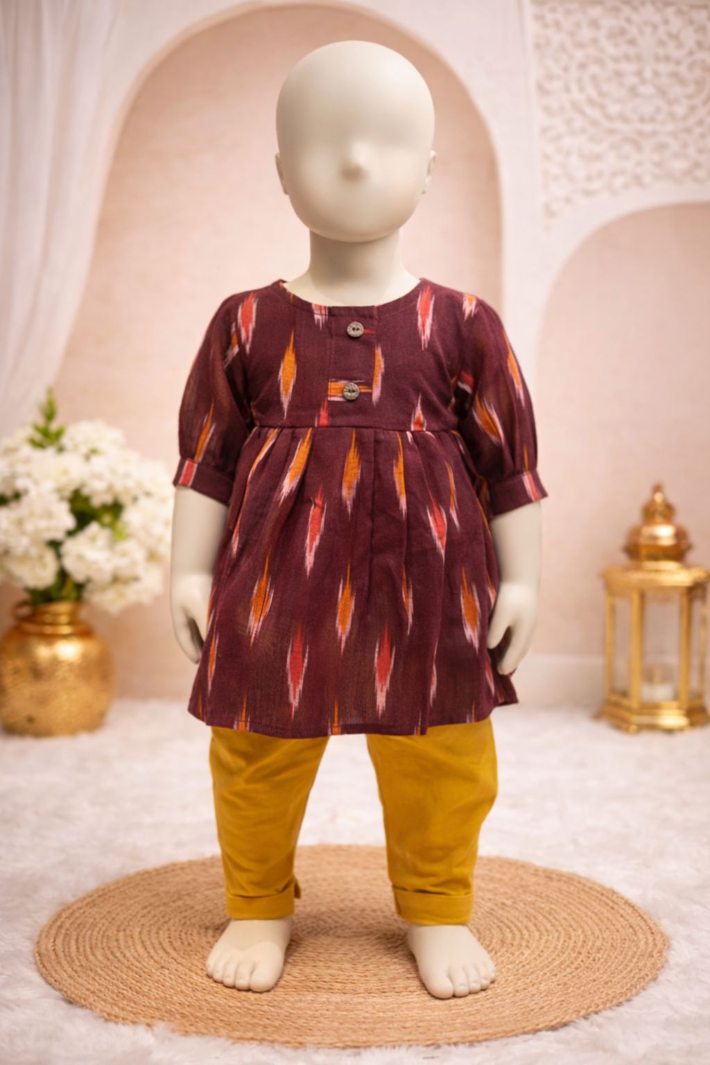 Burgundy Fire Ikat Kurti with Yellow Dhoti