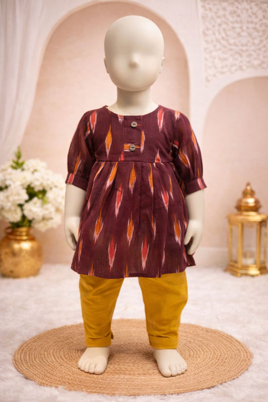 Burgundy Fire Ikat Kurti with Yellow Dhoti